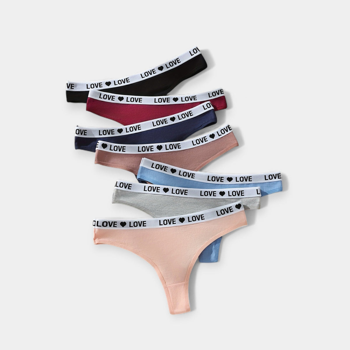 #Color_Set de 8 Tangas "Love" (Negro-Borgoña-Nude-Mezclilla-Rosa)