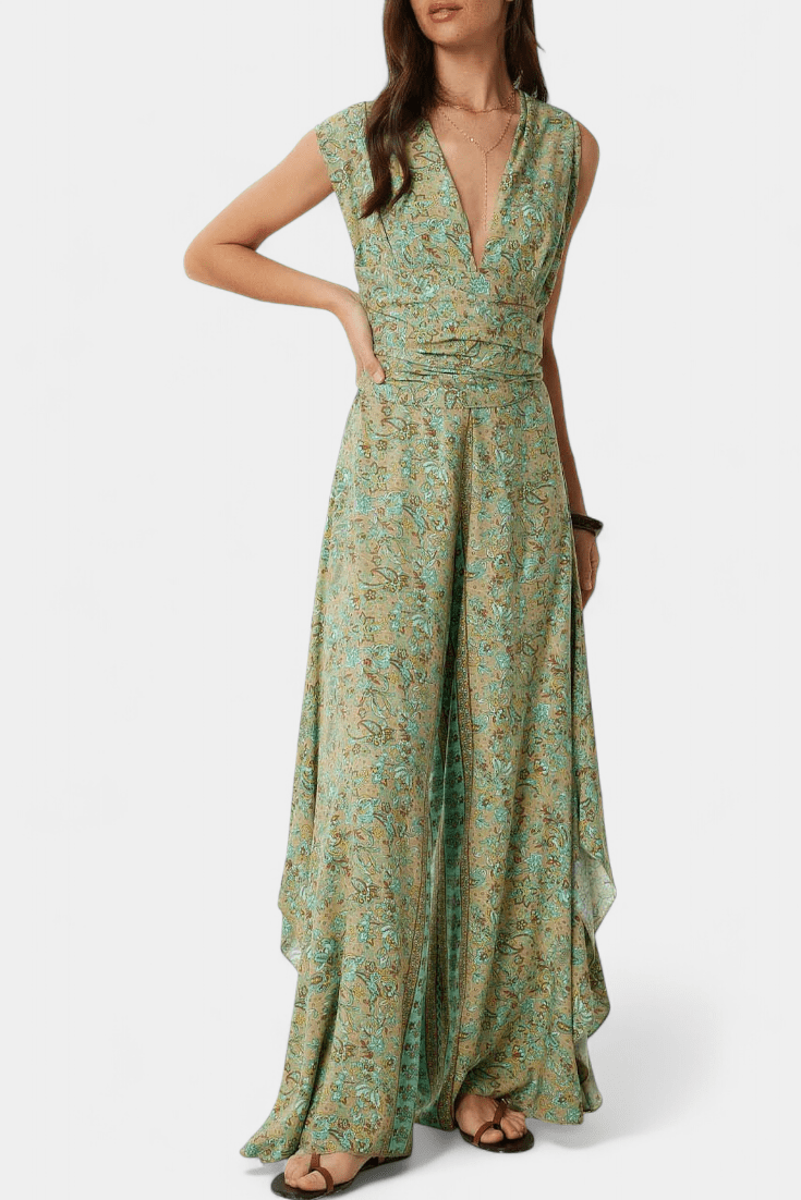 Cross Neck Open Back Jumpsuit (Green Floral Pattern)