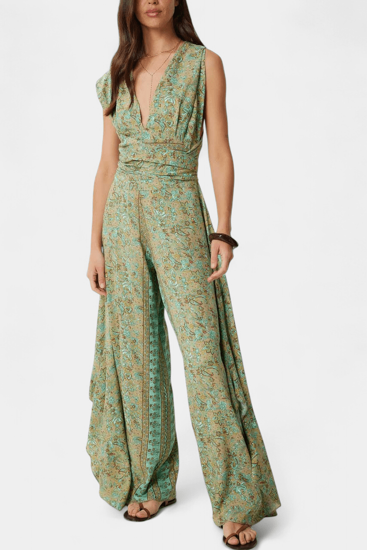 Cross Neck Open Back Jumpsuit (Green Floral Pattern)