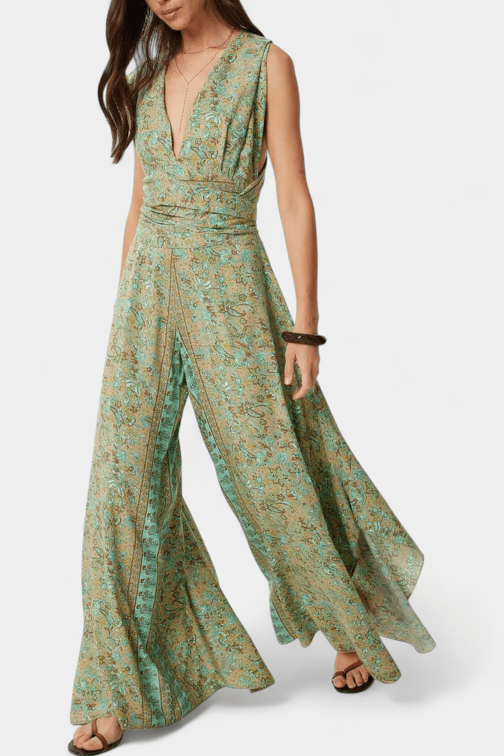 Cross Neck Open Back Jumpsuit (Green Floral Pattern)