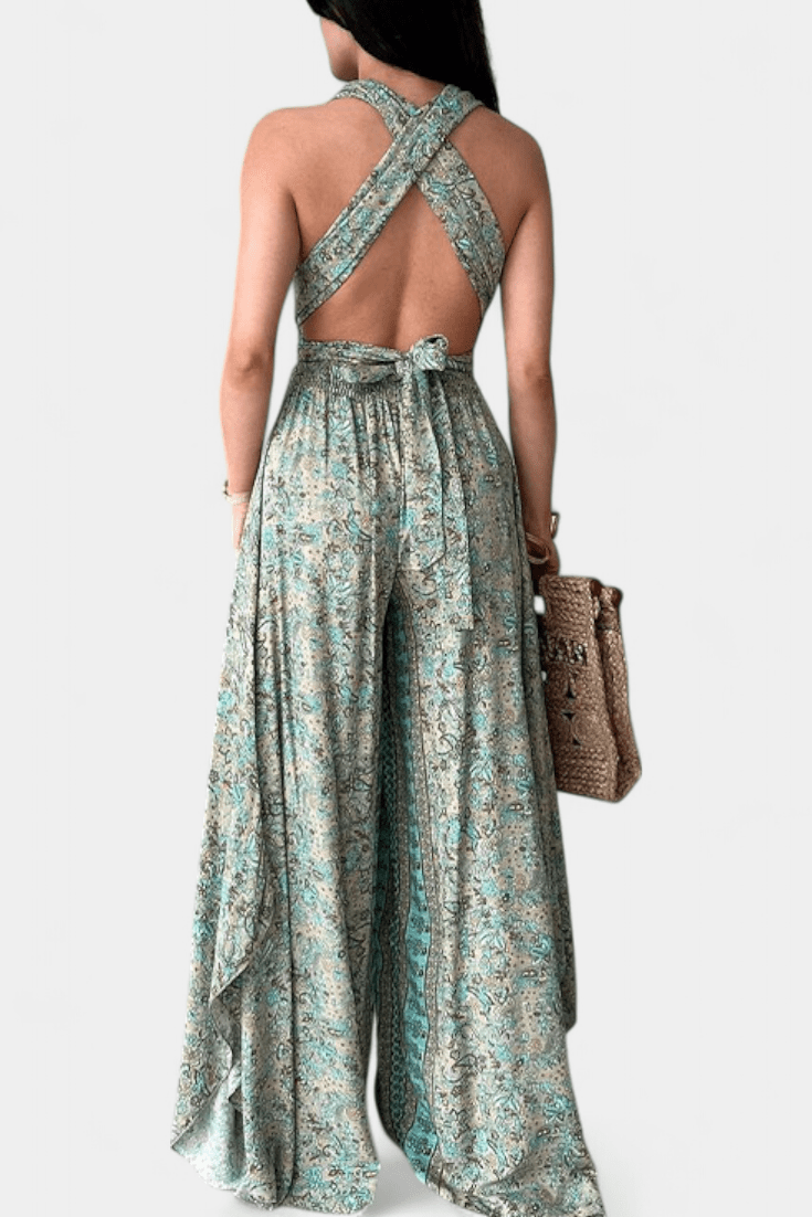 Cross Neck Open Back Jumpsuit (Green Floral Pattern)