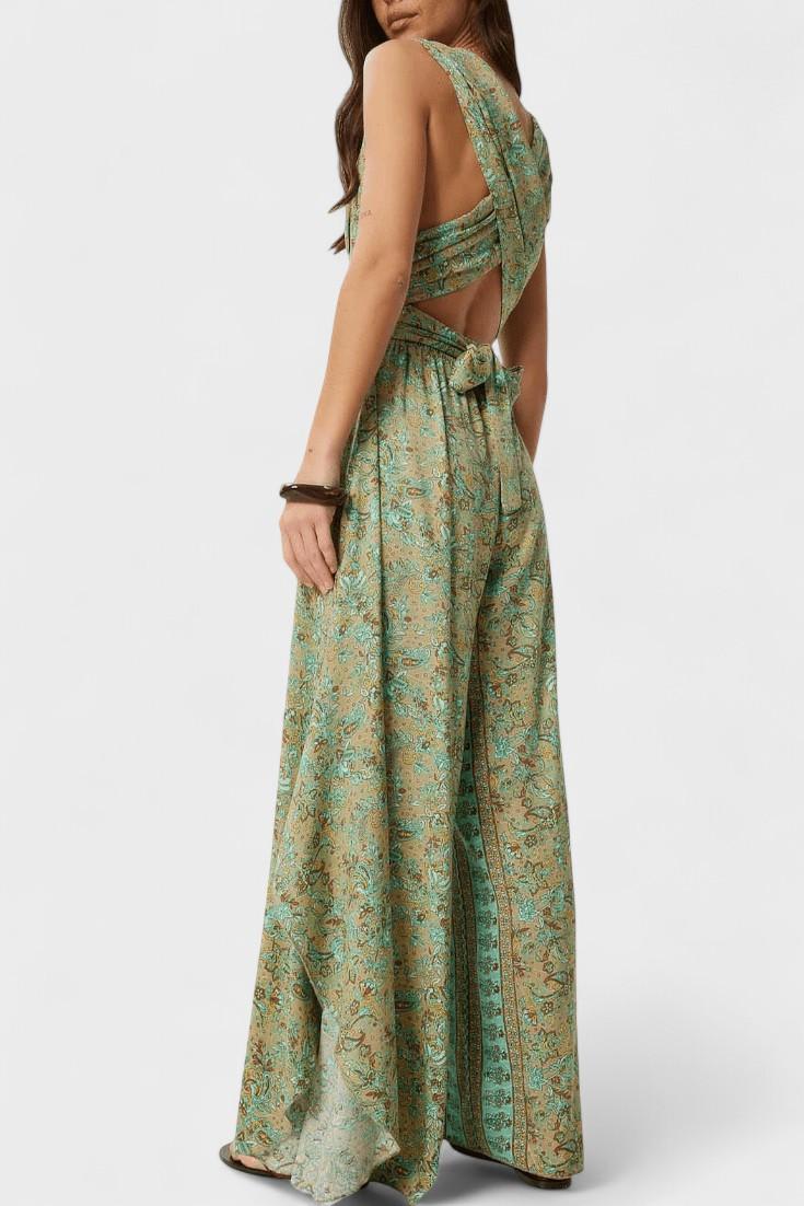 Cross Neck Open Back Jumpsuit (Green Floral Pattern)
