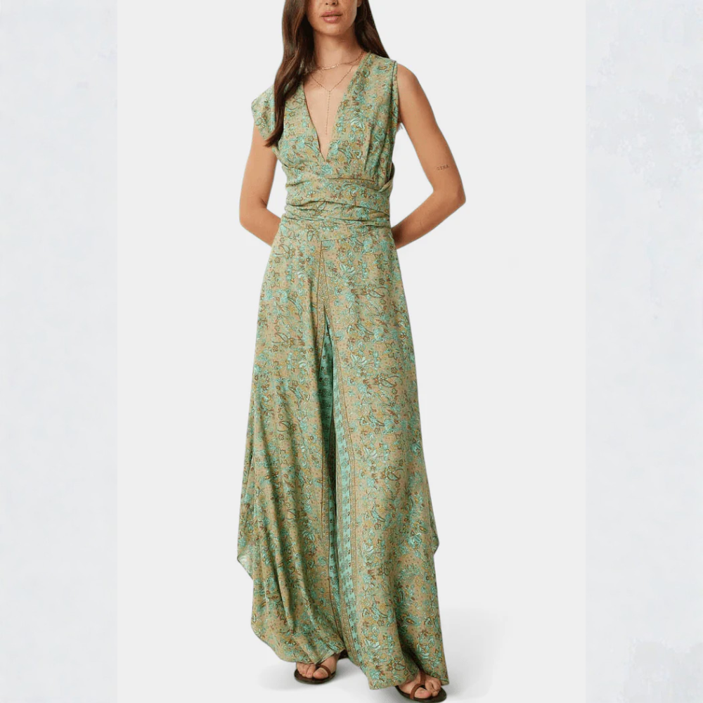 Cross Neck Open Back Jumpsuit (Green Floral Pattern)