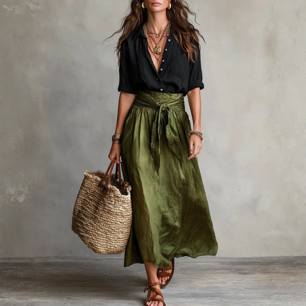 Front Button Top & Midi Skirt Set