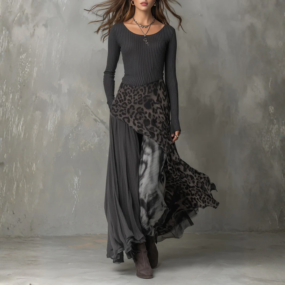 Stripe x Leopard Print Long Dress