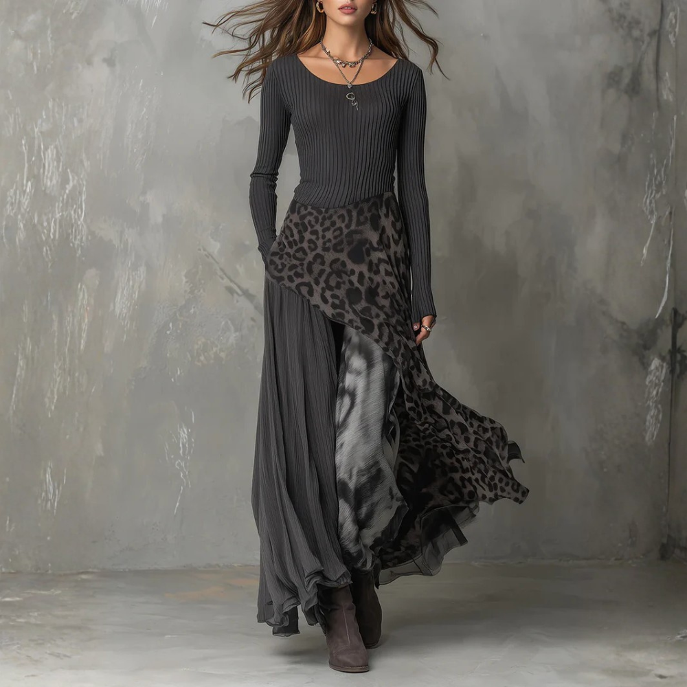 Stripe and Leopard Print Long Dress