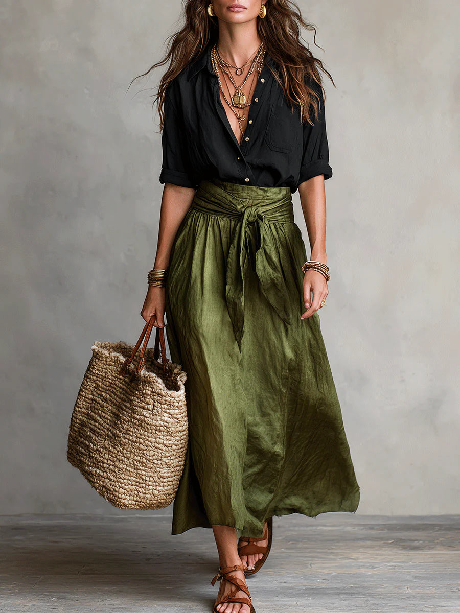 Front Button Top & Midi Skirt Set