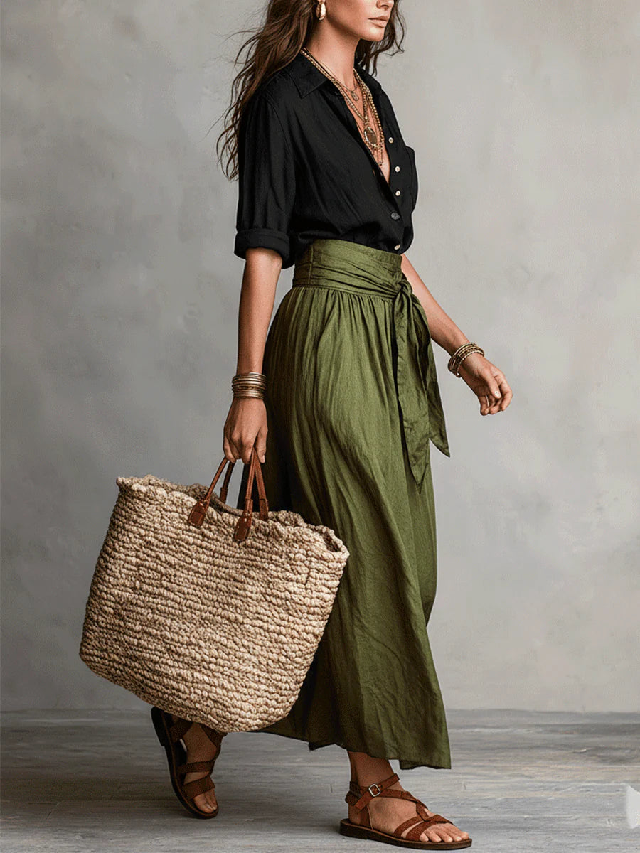 Front Button Top & Midi Skirt Set