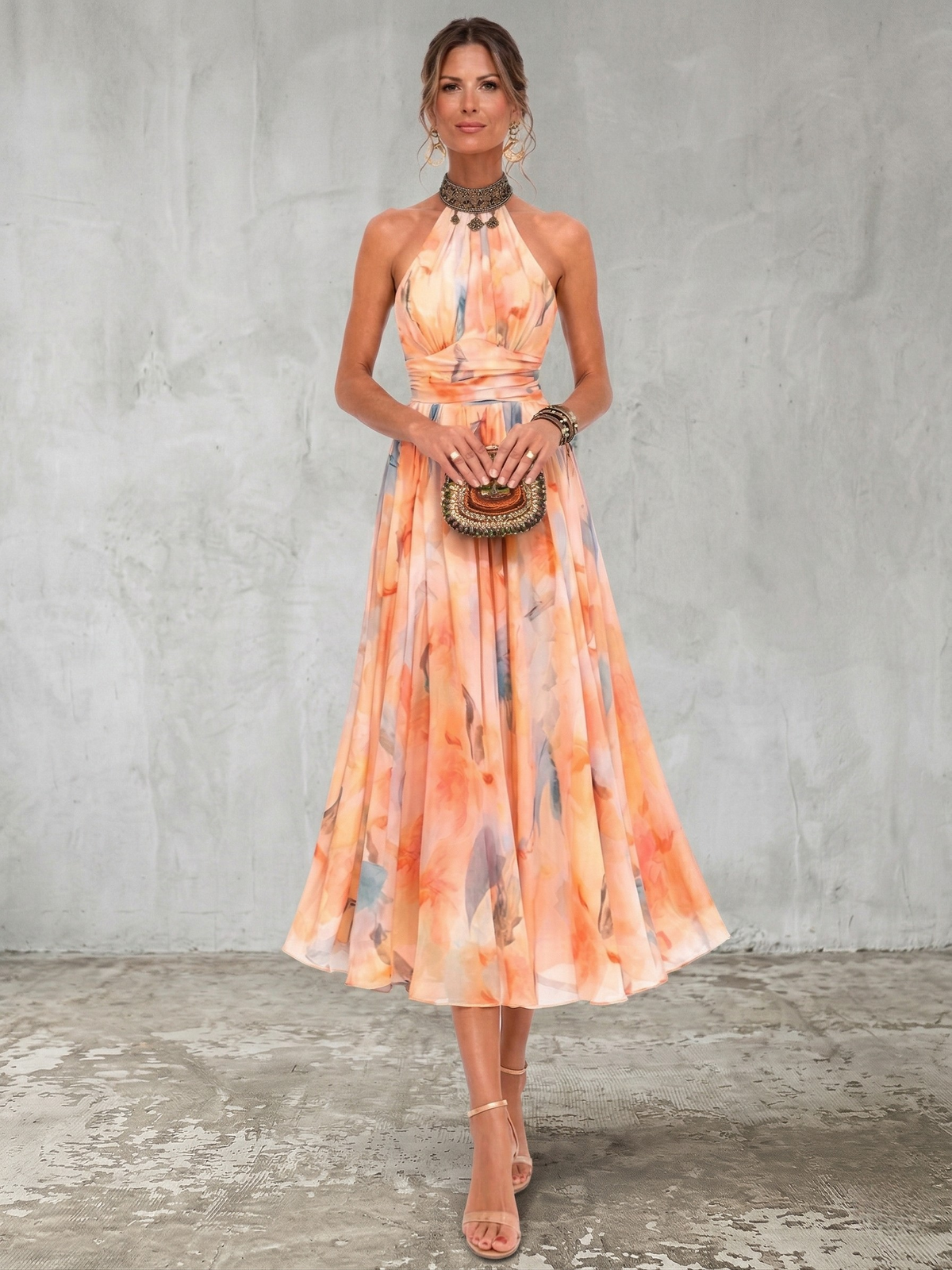 Watercolor Pattern Halter Neck Dress