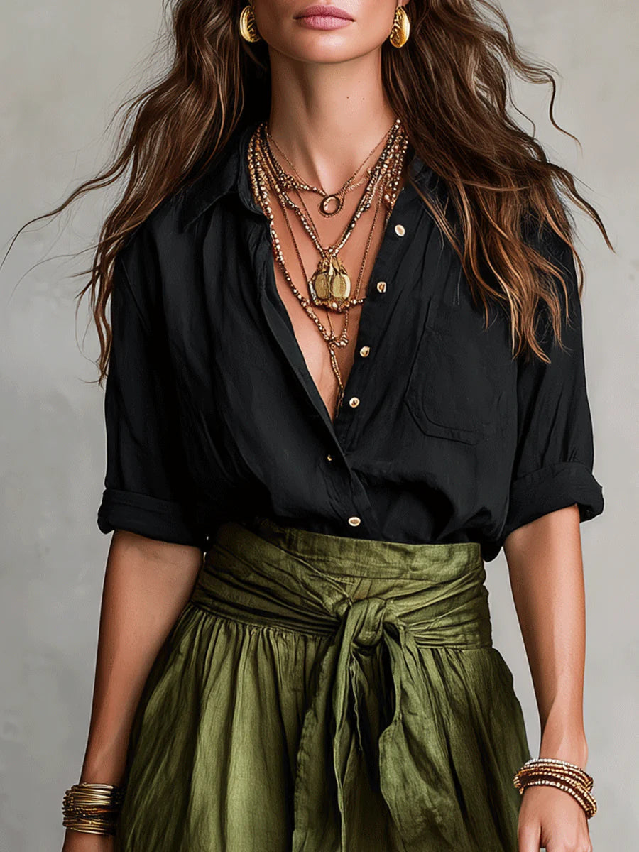 Front Button Top & Midi Skirt Set